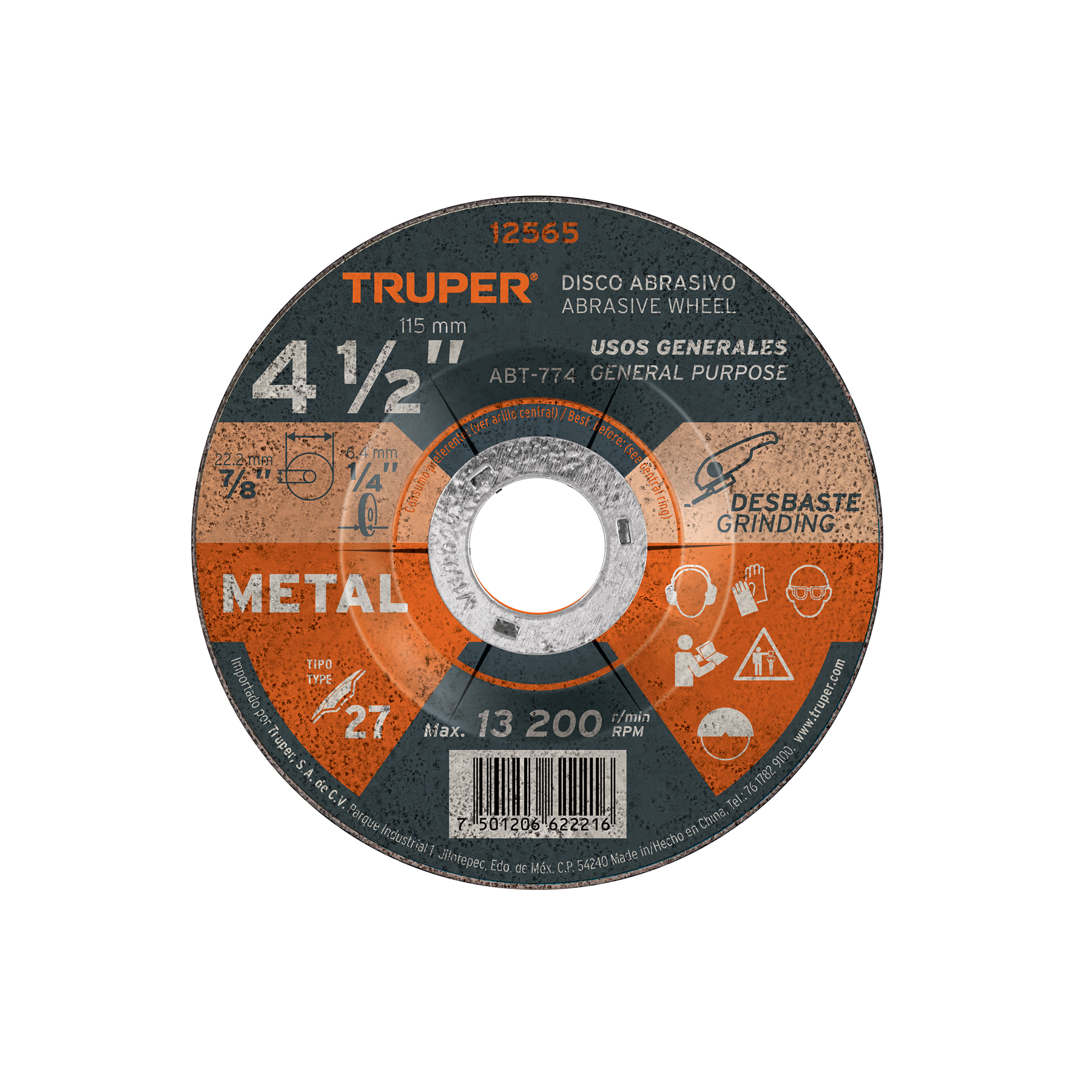Disco Tipo 27 de 4-1/2' x 6.4 mm para desbaste de metal