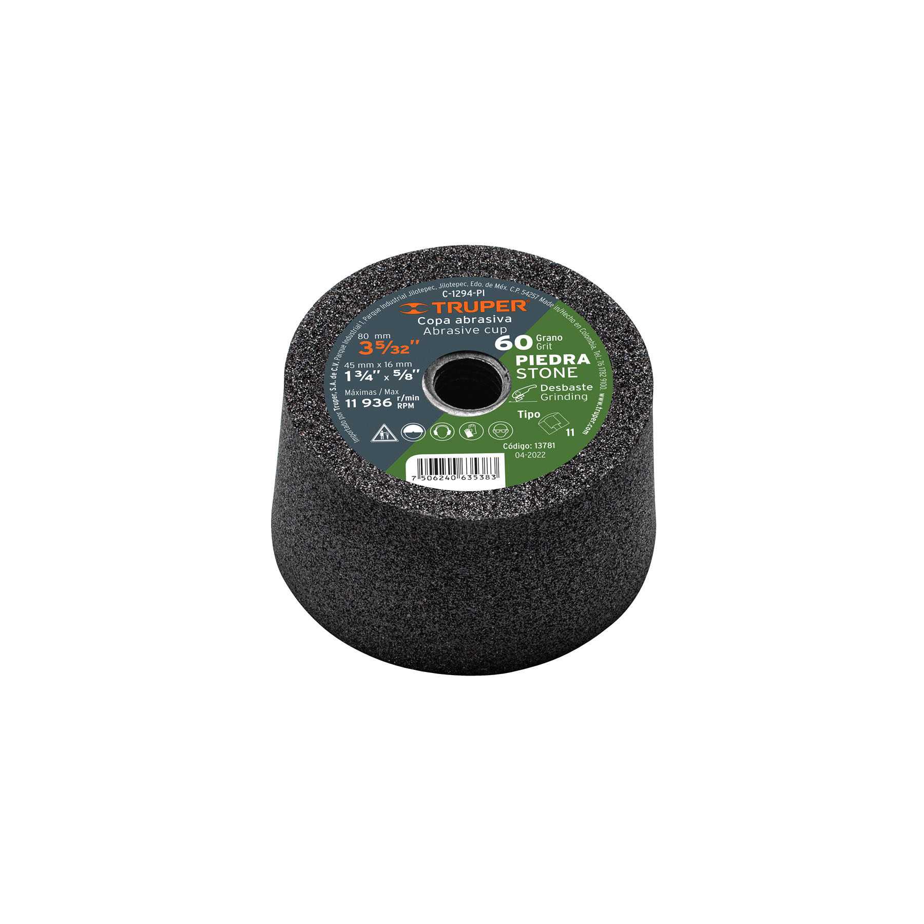 Copa desbaste de piedra 3-5/32' grano 60, eje 5/8-11, Truper