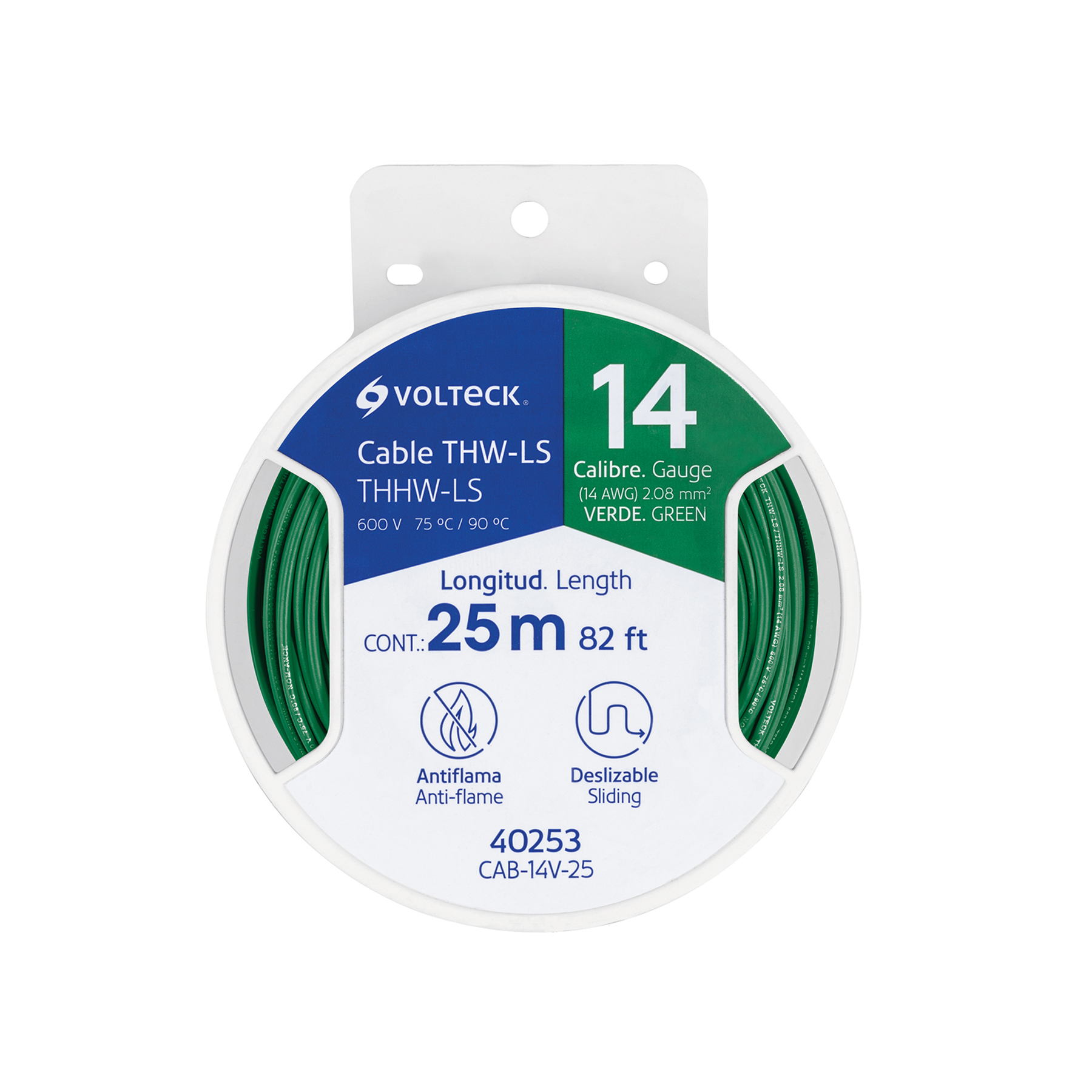 Carrete con 25 m de cable THHW-LS 14 AWG verde, Volteck