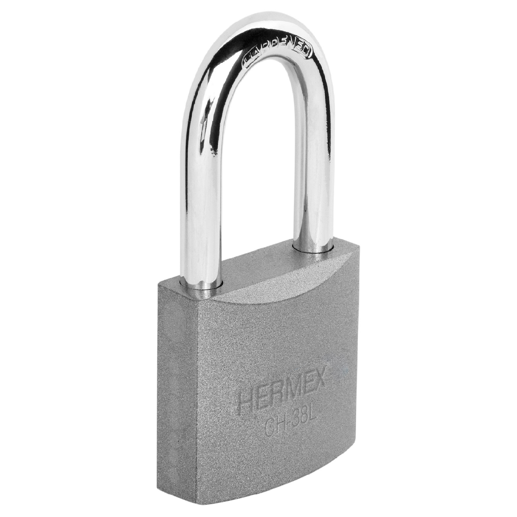 Candado de hierro 38 mm gancho largo en caja, HERMEX