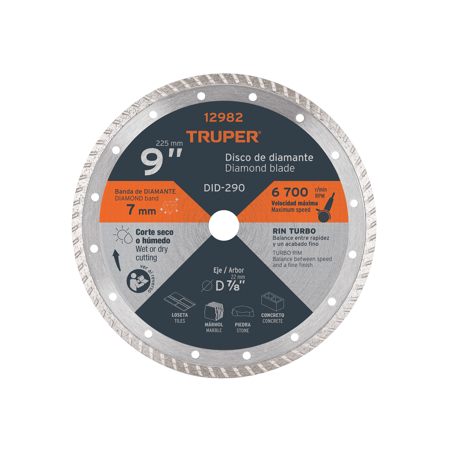 Disco de diamante de 9' x 3 mm, rin turbo, TRUPER