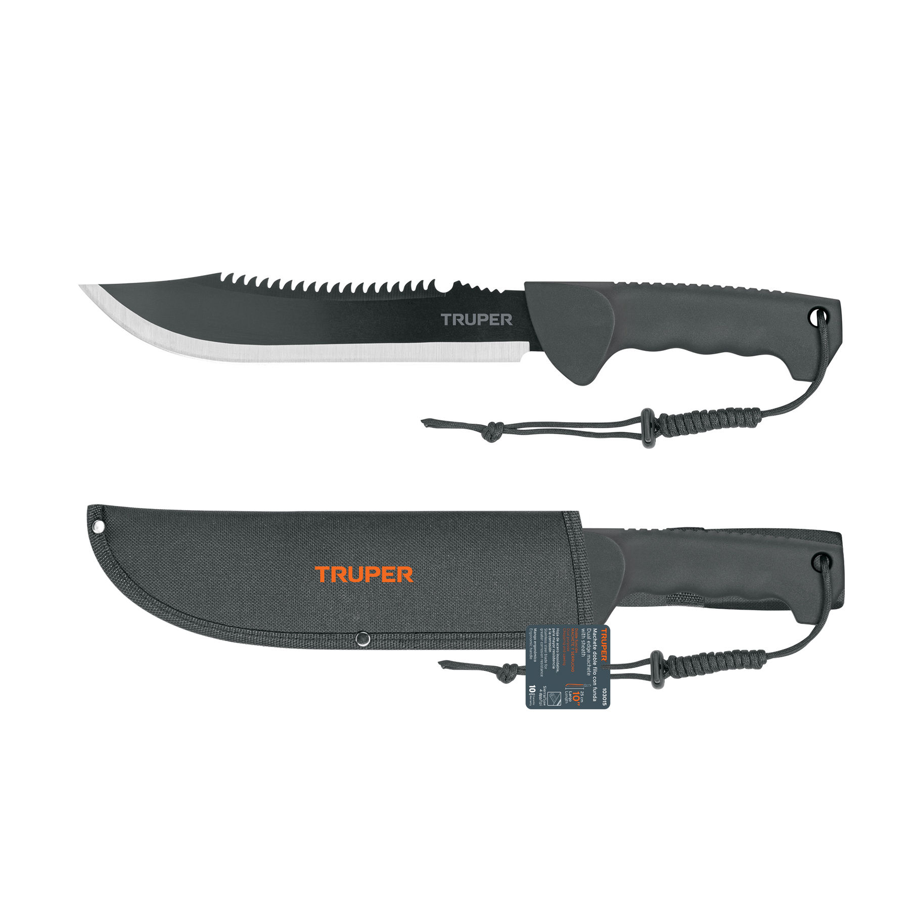 Machete doble filo 10', cacha inyectada, con funda, TRUPER