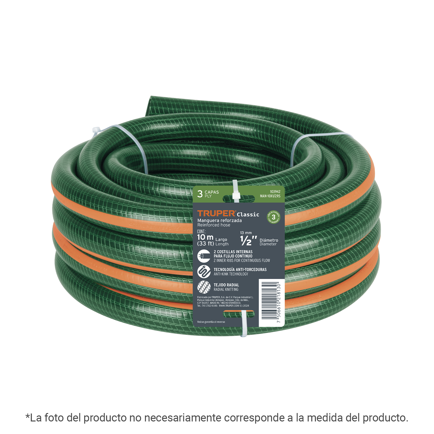 Manguera de jardín 1', 3 capas, 3m, sin conexiones, TRUPER