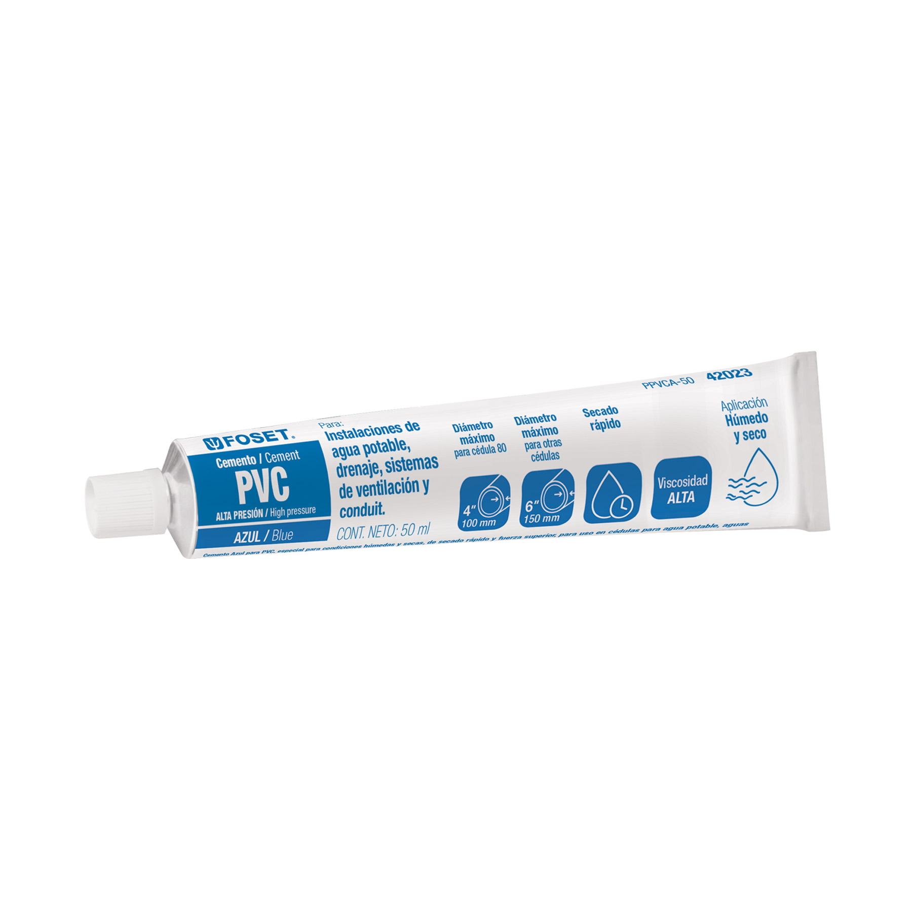 Cemento p/PVC, azul, alta presión, tubo 50ml, FOSET