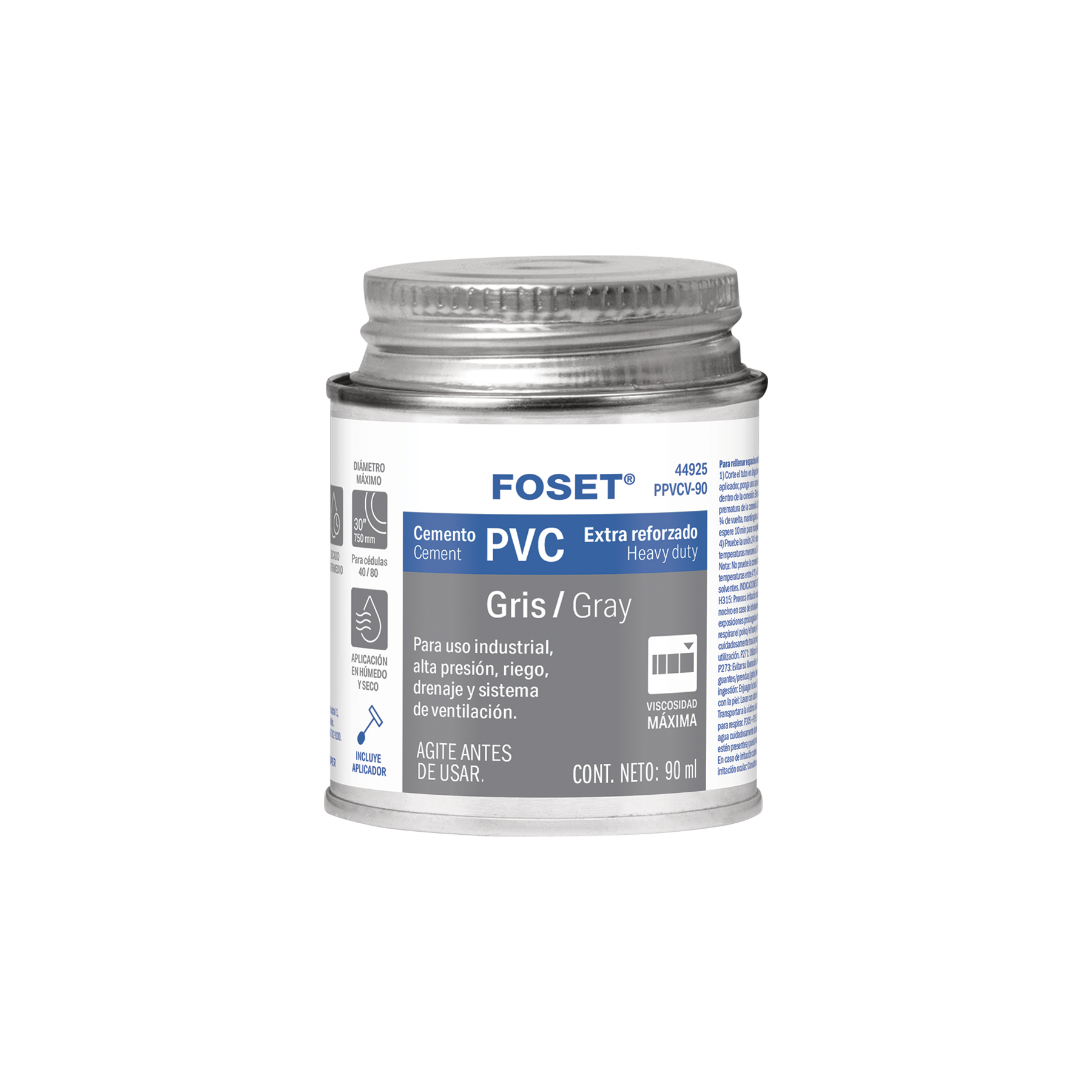 Cemento p/PVC, gris, máxima viscosidad, lata 90ml, FOSET